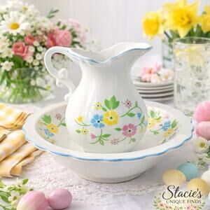 Vintage Water Pitcher Colortone Japan Pitcher Bowl Set Pastel Floral Blue Trim